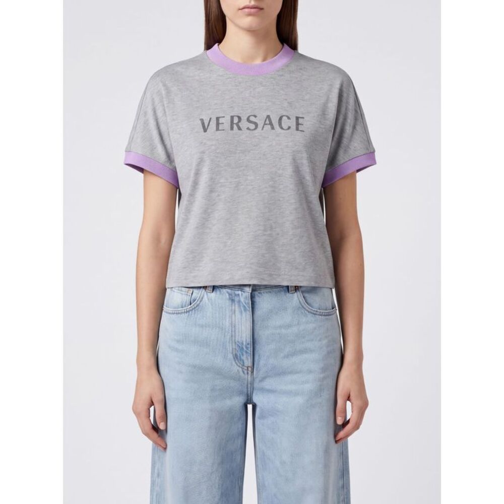 Versace Women Versace Grey Cotton T-Shirt With Printed Logo And Contrast Trims